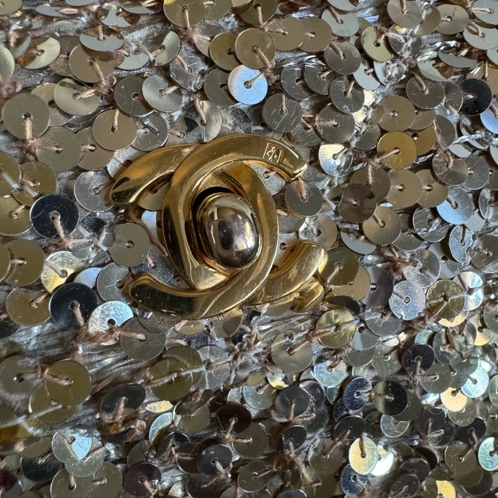 Vintage Chanel Micro Half Flap bag in gold sequin, ribbed satin, gold hardware